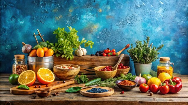 A Rustic Still Life Featuring an Abundance of Fresh Produce, Herbs, and Spices Arranged on a Weathered Wooden Table Against a Textured Blue Background - Powered by Adobe