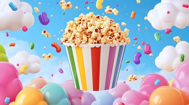 Colorful popcorn container filled with treats in a whimsical scene.