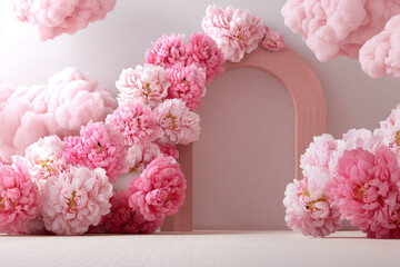 Pink Floral Archway & Peony Display. A soft pink scene with an archway and fluffy clouds, beautifully decorated with peony flowers. This image exudes a sense of romance and elegance.