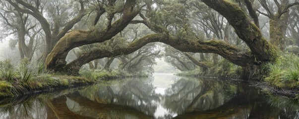 Misty forest river, arching trees, calm water, tranquil scene, nature photography
