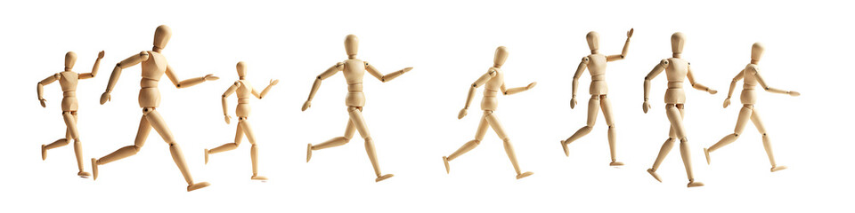 Wooden Running Figures Set on Transparent Background

