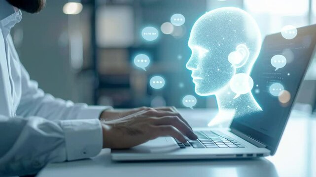 AI chatbot head glowing with network lines and chat bubbles