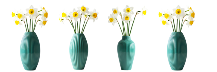 Daffodils in Turquoise Vase on Transparent Background

