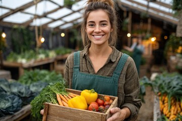 Smiling woman carries a crate filled with colorful vegetables while working in a vibrant greenhouse with plants around
