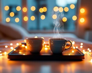 Ultracozy nighttime kotatsu scene with warm fairy lights, steaming tea, and a relaxed, peaceful mood