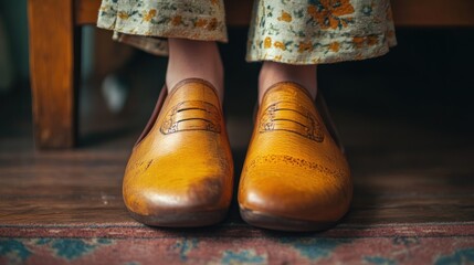 Woman's feet in floral print pants and tan leather loafers