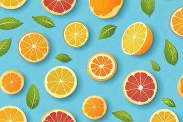 Bright citrus fruits arranged on a vibrant blue background with green leaves