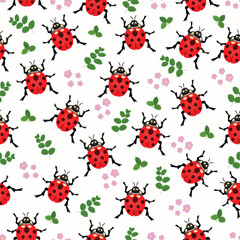 This whimsical insect and flower pattern captures a joyful garden vibe, with red ladybugs and blooming flora scattered across a light background