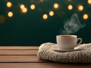 Obraz premium Cozy winter scene featuring a kotatsu, a steaming cup of tea, and a softly glowing fireplace