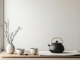 Fototapeta premium Elegant teadrinking space with a kotatsu, handcrafted ceramics, and a tranquil, serene setup