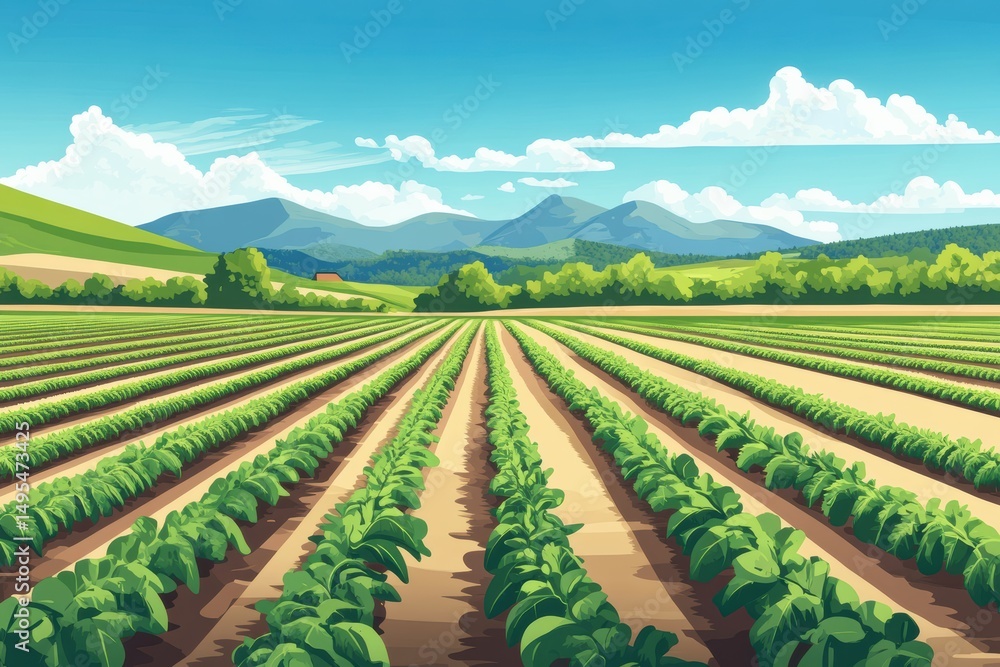 Aufkleber expansive green field with rows of crops and mountains in the background during the day