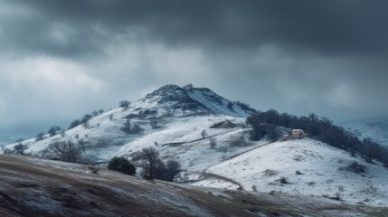 Snowy Hills Under a Dramatic Sky: A Winter Landscape