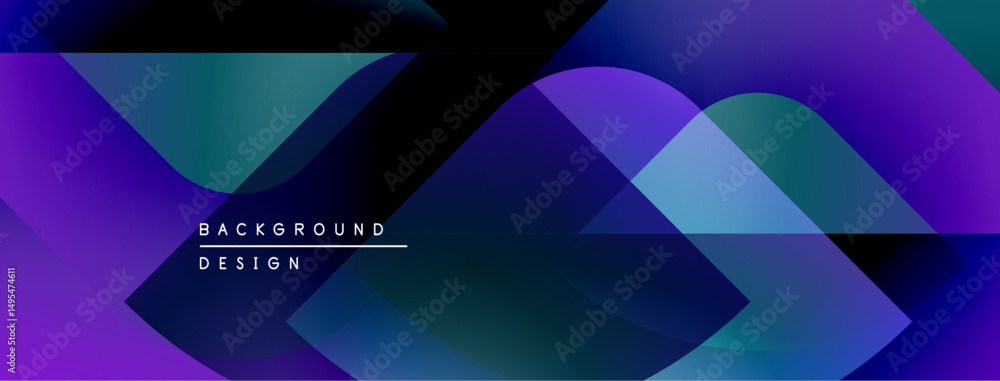 Poster abstract geometric shapes overlap, creating vibrant purple, teal gradients. modern design element fo