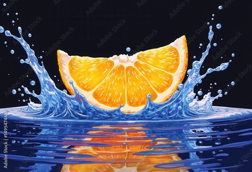 Poster orange slice splashing in water, creating vibrant waves and reflections