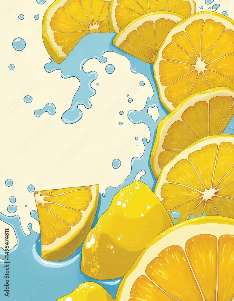 Aufkleber fresh lemon slices splashing in water, creating a vibrant and refreshing scene
