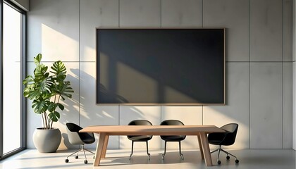 Modern Conference Room with Wooden Table and Large Screen Minimalist Design