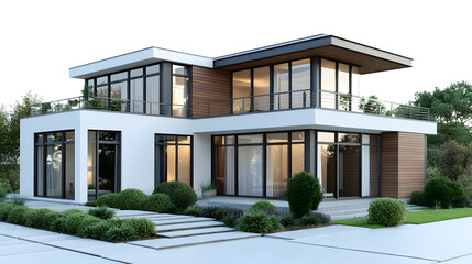 Fototapeta premium Modern House 3D Render on White Background for Real Estate Marketing and Architecture Design Projects