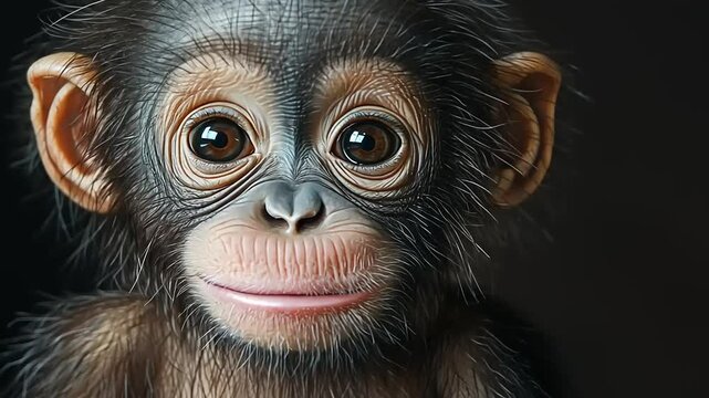 Cute baby monkey with expressive eyes and fluffy fur, set against a dark background, showcasing innocence