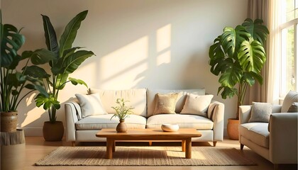 Bright Minimalist Living Room with Sofa Natural Light and Indoor Plants