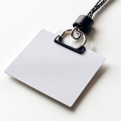 Blank name tag with clip and lanyard on white background