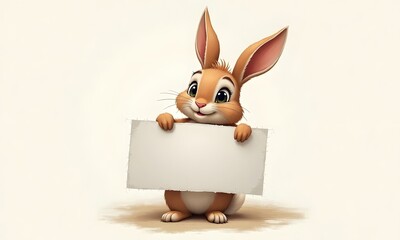 Friendly Cartoon Bunny Holding Blank Sign with Copy Space