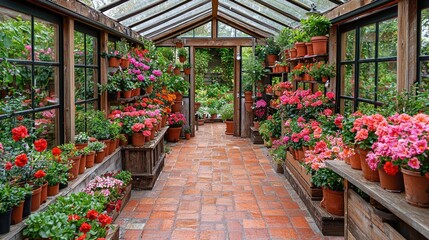 Obraz premium Greenhouse interior, full of flowering plants, terracotta