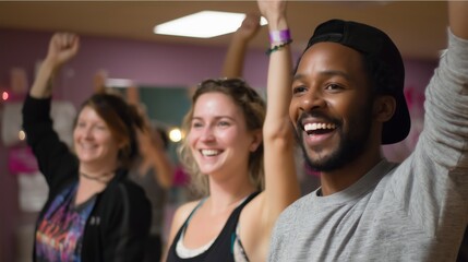 Fototapeta premium Group of people enjoying a lively dance class in a colorful studio during the afternoon