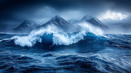A breathtaking ocean wave crashes under a clear blue sky, showcasing the raw power and beauty of nature. Vibrant colors highlight the movement of the water, symbolizing energy and freedom.