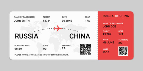 Boarding pass flight ticket template. Blank plane ticket isolated on white background. White, red color airplane ticket design, Vector illustration
