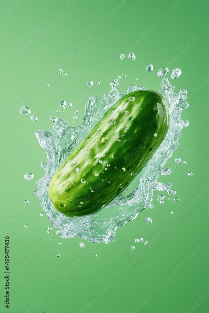 Poster cucumber splashes into clear water showcasing motion in vibrant green setting. crisp and refreshing 
