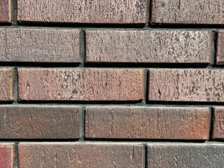 A close-up shot of a red brick wall showcasing its rustic texture. The varying shades of red and brown create a visually appealing background