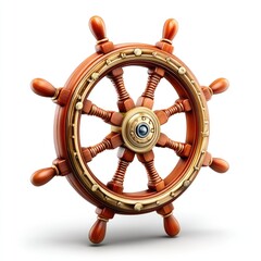 Wooden ship's steering wheel design with intricate details on white background