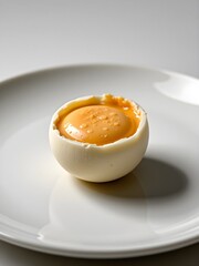 A single, perfectly boiled egg, glistening with moisture, sits on a clean white plate, minimal setting, soft light, food photography, studio shot, hyper realistic, high detail, neutral background.