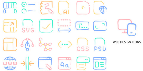 Web Design simple concept 24 hand drawn color icons set. Contains such computer programmer, web designer, working .Vector illustration.	