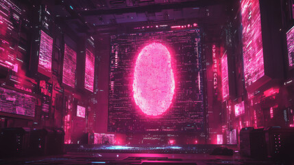 A giant fingerprint hovering above a computer screen filled with code