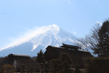 Mount Fuji Behind Traditional Japanese Houses and Trees