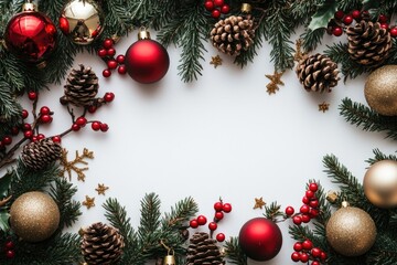 Festive Christmas decorations with red and gold ornaments, pinecones, and greenery arranged on white background