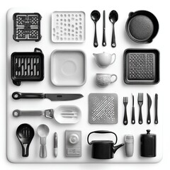 Kitchen Utensils and Gadgets Arranged on a White Surface