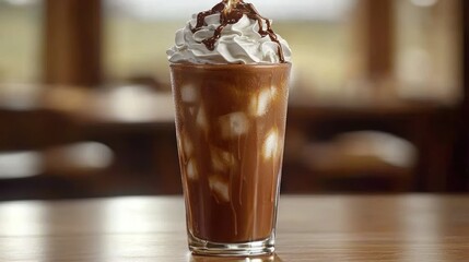 Iced chocolate drink with whipped cream and drizzle