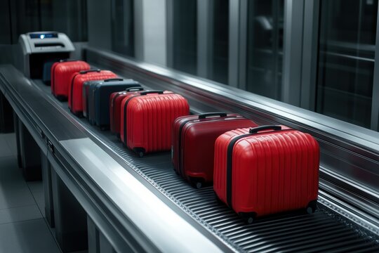 Suitcases glide on an airport security conveyor belt during baggage screening process