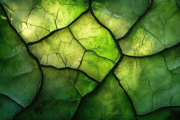Abstract green texture with cracked, veined patterns, resembling dried earth or a leaf.