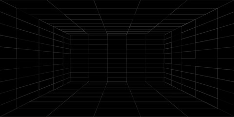 Futuristic perspective grid box. Abstract wireframe with white grid line on black background. Virtual reality landscape in 80s 90s digital style. Vector illustration.