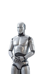 Humanoid Robot with Hands Clasped on Transparent Background