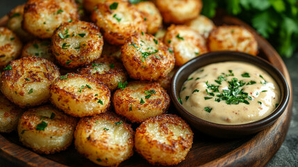 Golden crispy fried pickles served on a rustic wooden platter with dipping sauce and fresh herb garnish. Bright, appetizing food presentation highlighting savory snack appeal.
