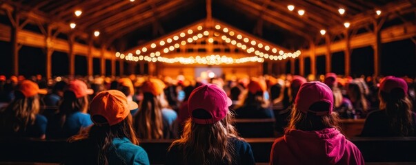 Fototapeta premium A large group of people, mostly children in colorful caps, sit under string lights in a wooden pavilion at night.