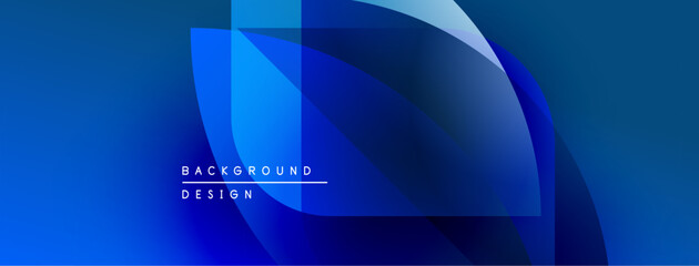 Abstract blue background features overlapping shapes, gradients. Modern design elements create dynamic visual effect. Minimal text present.