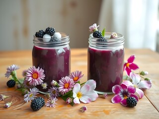 two glass jars filled with purple smoothie, decorated with frozen blackberries and various wildflowers;  hyperrealistic;  setting is a rustic wooden table;  colors are deep purples, pinks...