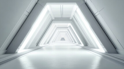 Empty Long Light Corridor. Modern white background. Futuristic Sci-Fi Triangle Tunnel