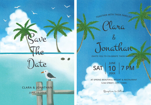 Set of watercolor tropical beach with palm tree wedding invitation