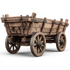 Rustic wooden cart, weathered and aged.  Detailed wooden construction, showing craftsmanship.  Large wagon wheels